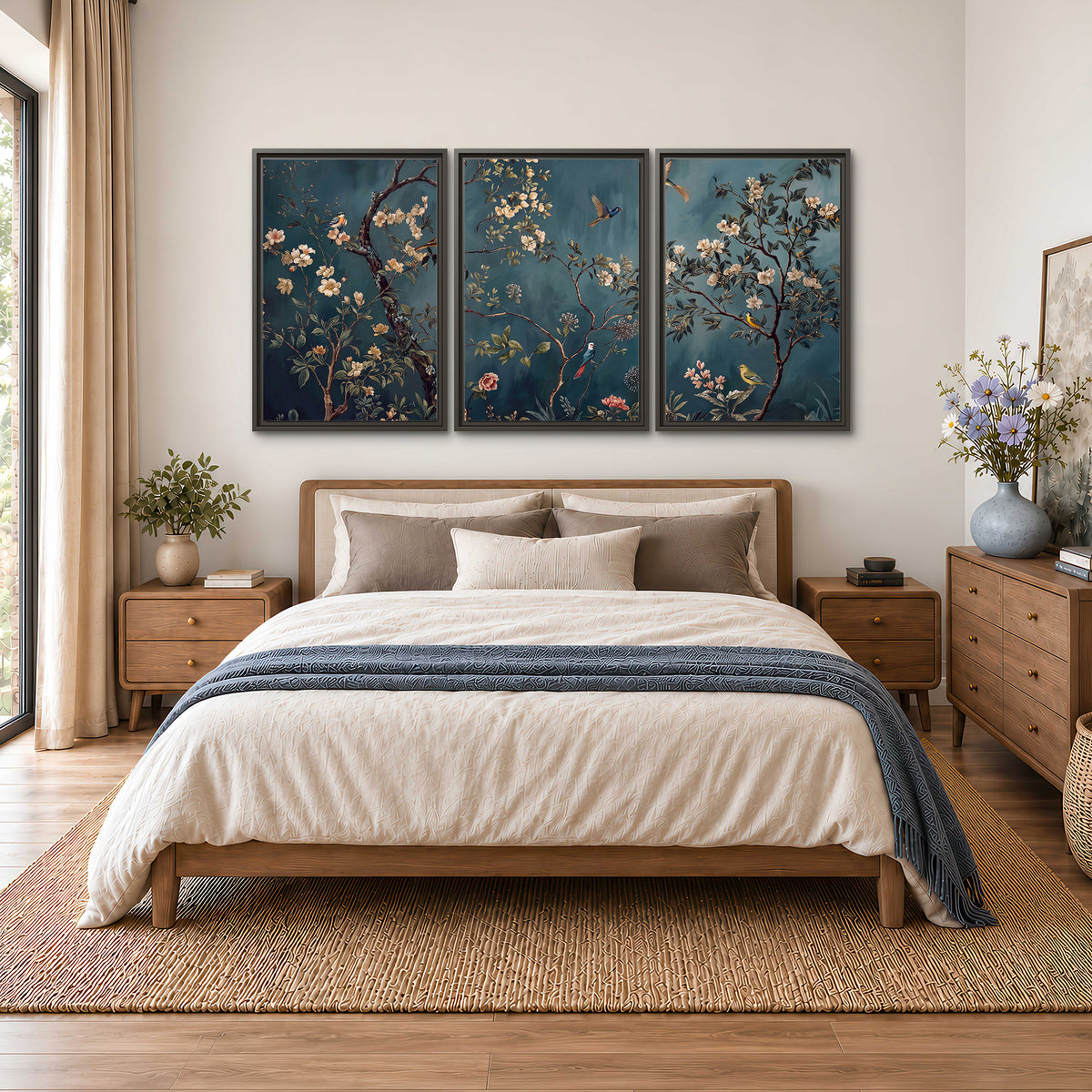 Colorful birds and pale blossoms on branches against teal blue 3 piece framed canvas wall art styled in an interior