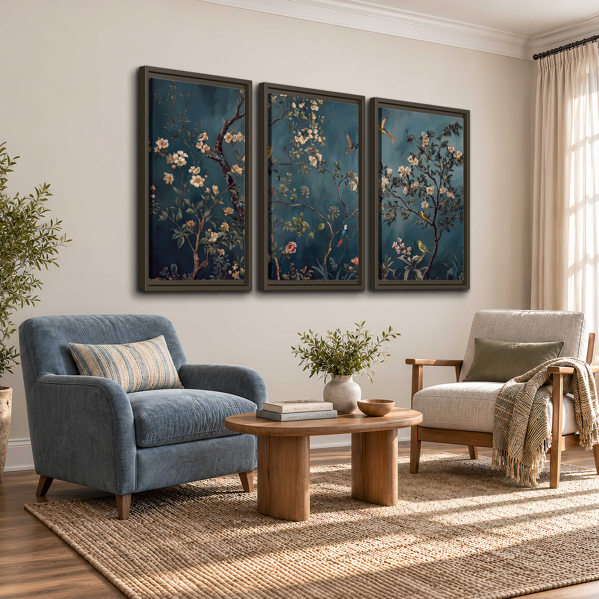 Colorful birds and pale blossoms on branches against teal blue 3 piece framed canvas wall art styled in an interior