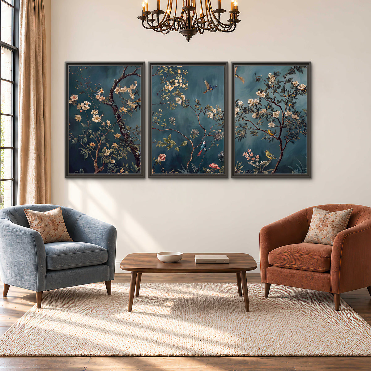 Colorful birds and pale blossoms on branches against teal blue 3 piece framed canvas wall art styled in an interior