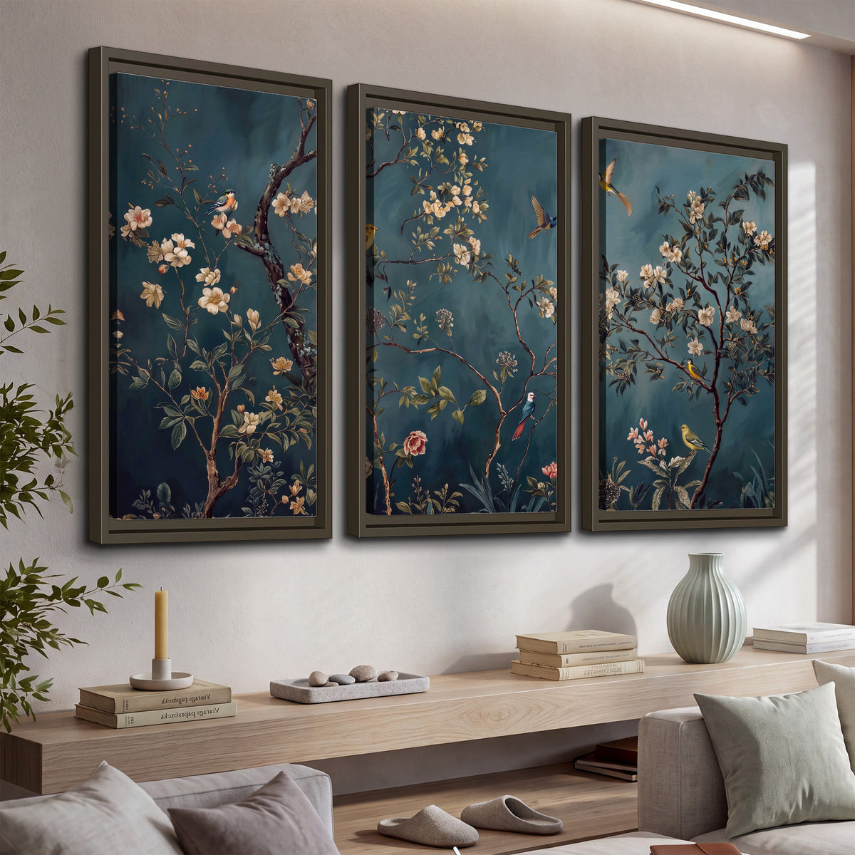 Colorful birds and pale blossoms on branches against teal blue 3 piece framed canvas wall art displayed in a console