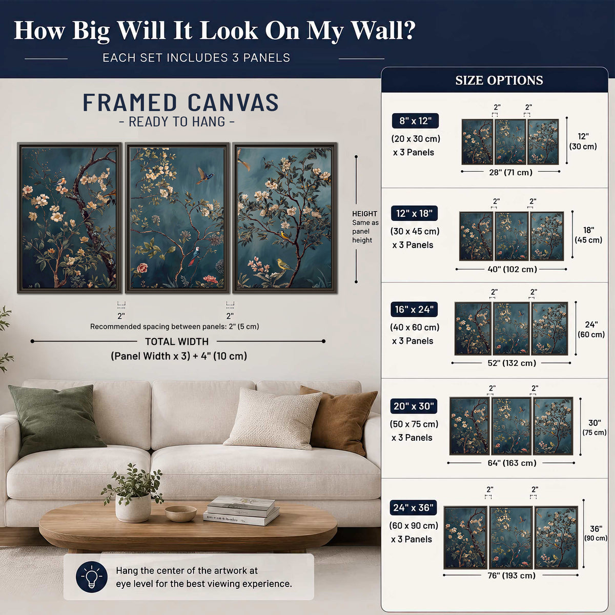 Colorful birds and pale blossoms on branches against teal blue 3 piece framed canvas wall art size guide above a sofa; room view is illustrative