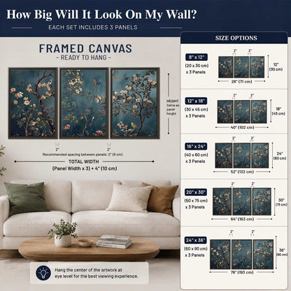 Colorful birds and pale blossoms on branches against teal blue 3 piece framed canvas wall art size guide above a sofa; room view is illustrative