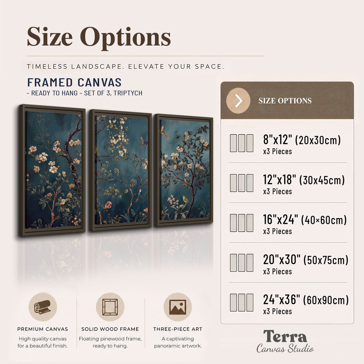 Colorful birds and pale blossoms on branches against teal blue 3 piece framed canvas wall art available dimensions; triptych dimensions are per panel