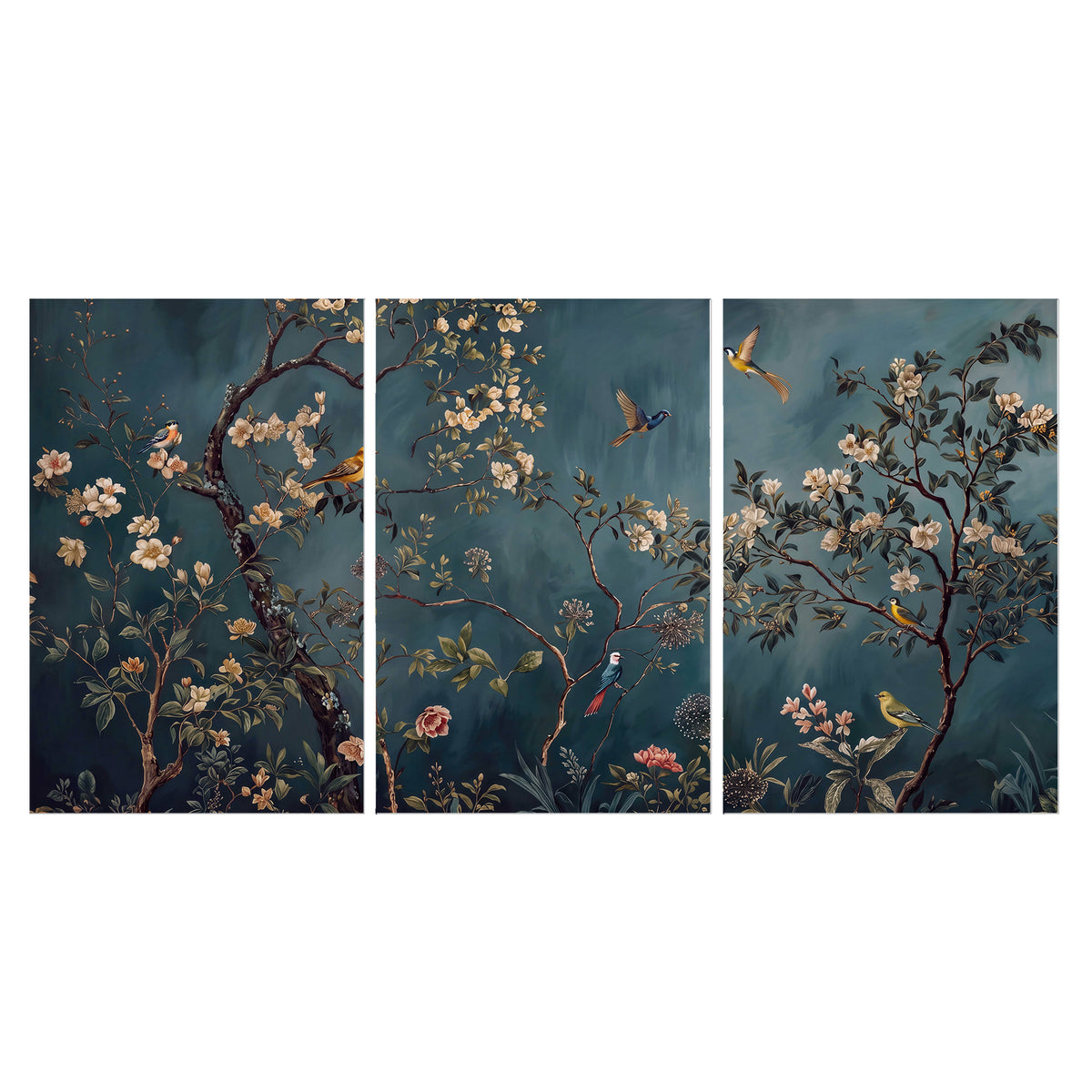 Colorful birds and pale blossoms on branches against teal blue set of 3 poster prints viewed straight on
