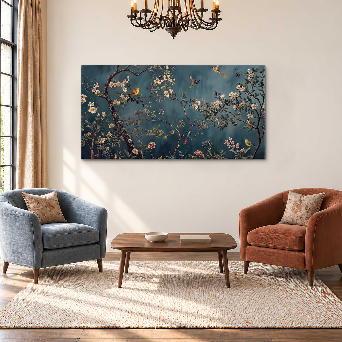 Colorful birds and pale blossoms on branches against teal blue single canvas wall art styled in an interior