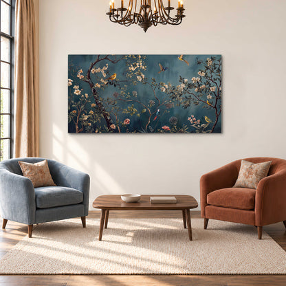Colorful birds and pale blossoms on branches against teal blue single canvas wall art styled in an interior