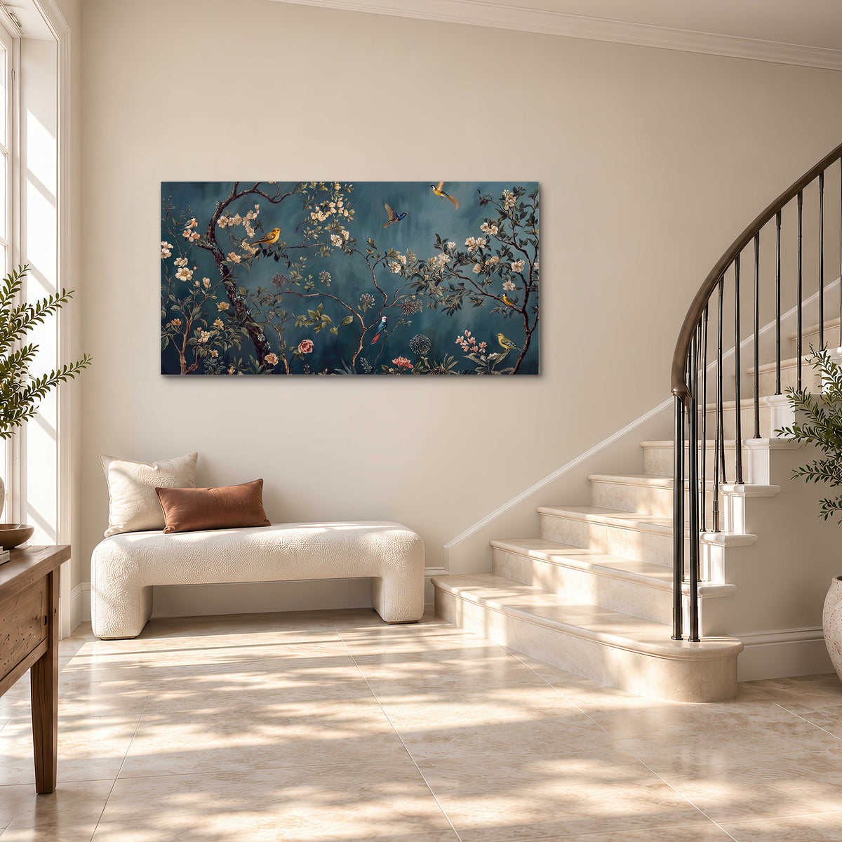 Colorful birds and pale blossoms on branches against teal blue single canvas wall art styled in an interior