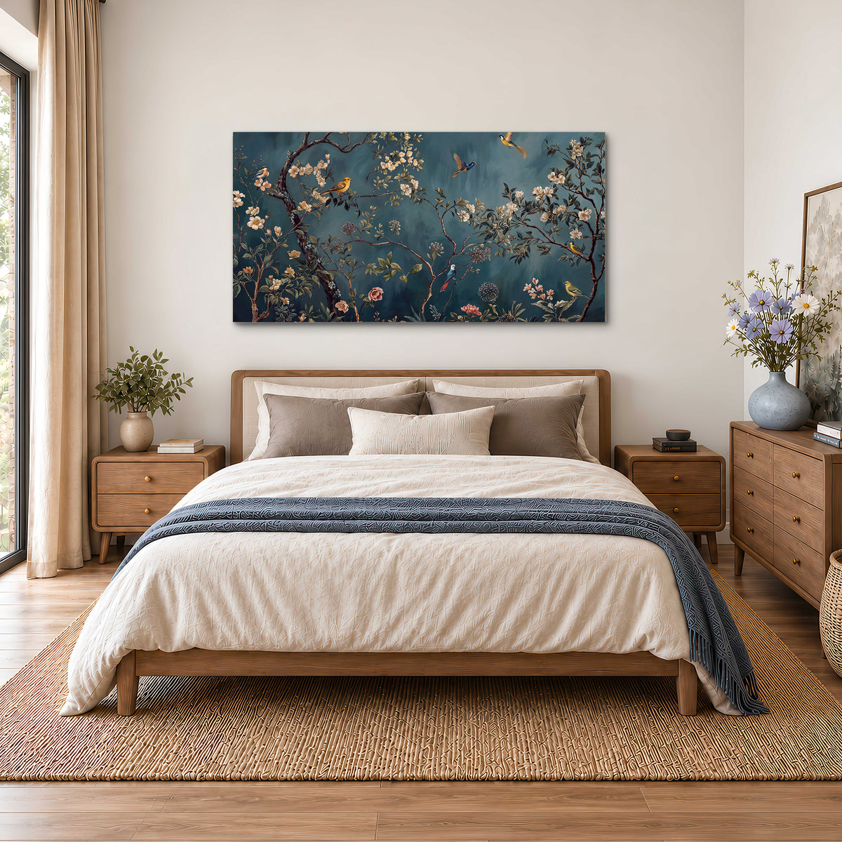 Colorful birds and pale blossoms on branches against teal blue single canvas wall art styled in an interior