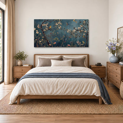 Colorful birds and pale blossoms on branches against teal blue single canvas wall art styled in an interior