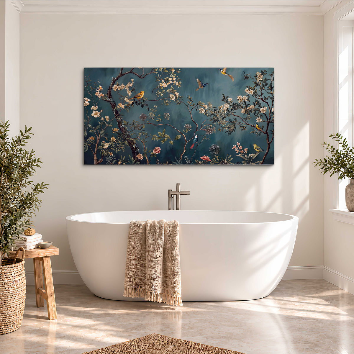 Colorful birds and pale blossoms on branches against teal blue single canvas wall art styled in an interior