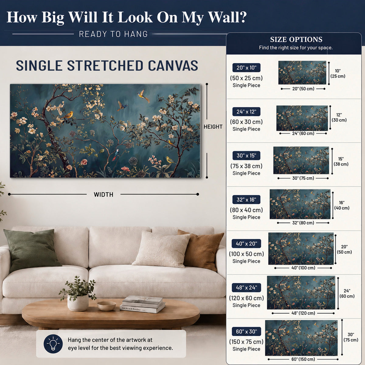 Colorful birds and pale blossoms on branches against teal blue single canvas wall art size guide above a sofa; room view is illustrative