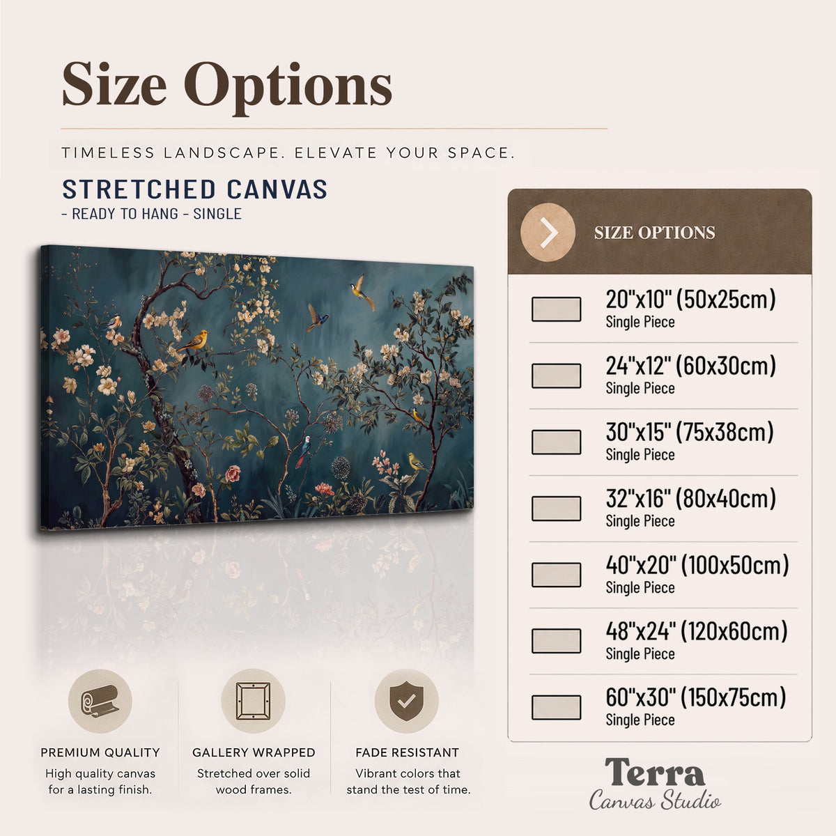 Colorful birds and pale blossoms on branches against teal blue single canvas wall art available dimensions