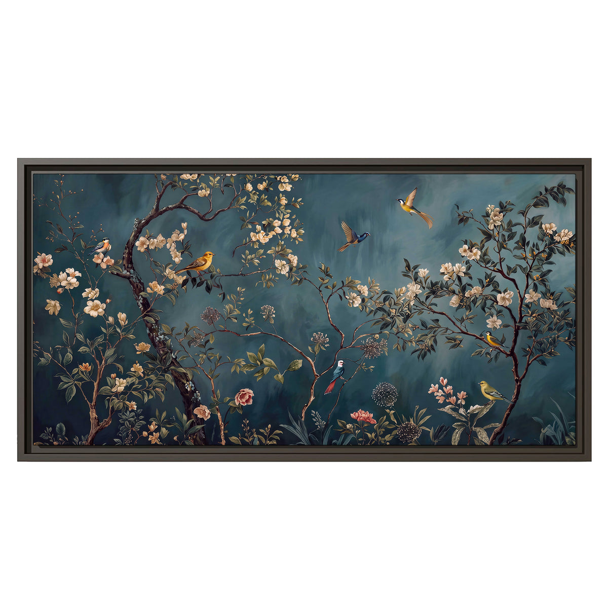 Colorful birds and pale blossoms on branches against teal blue single framed canvas wall art viewed straight on