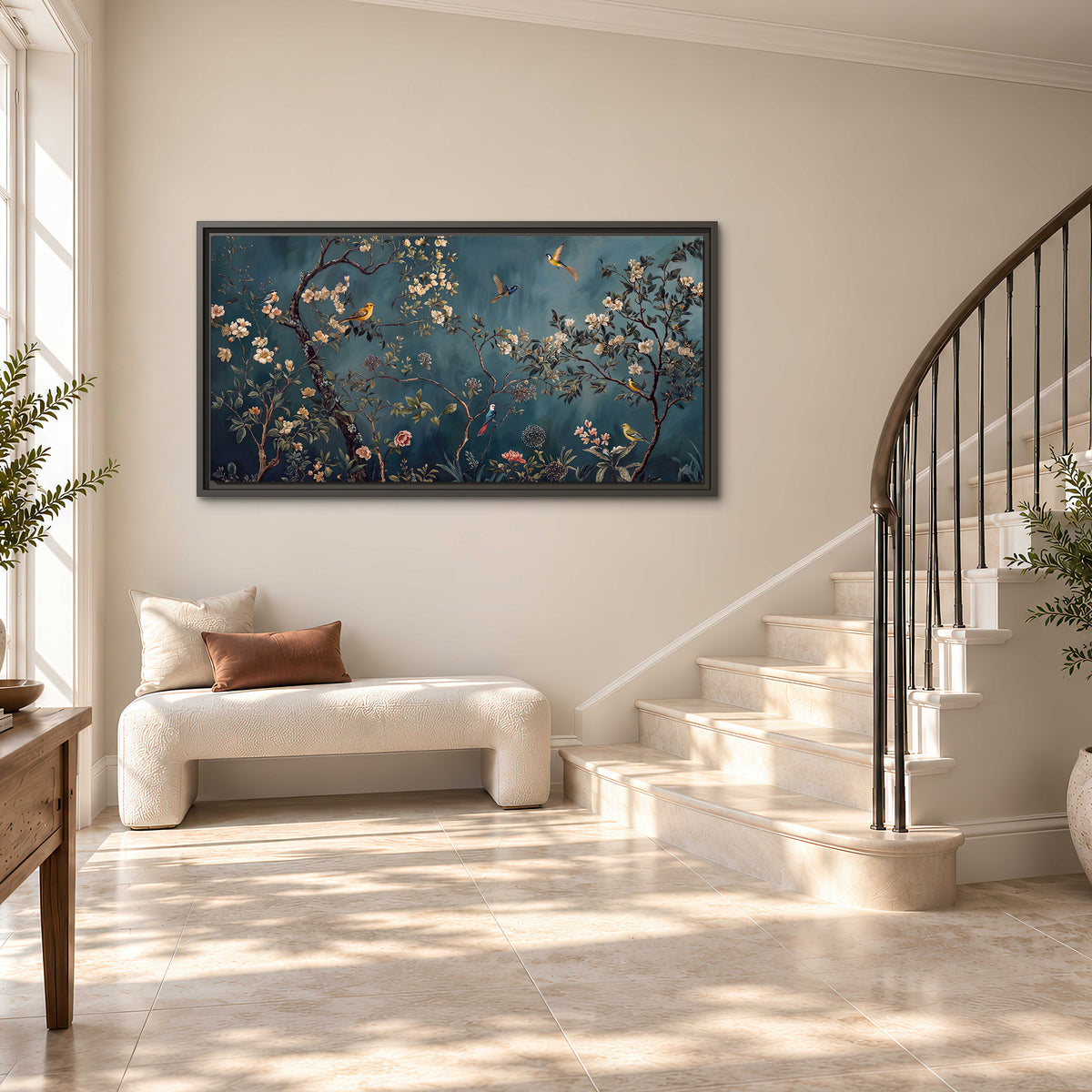 Colorful birds and pale blossoms on branches against teal blue single framed canvas wall art styled in an interior