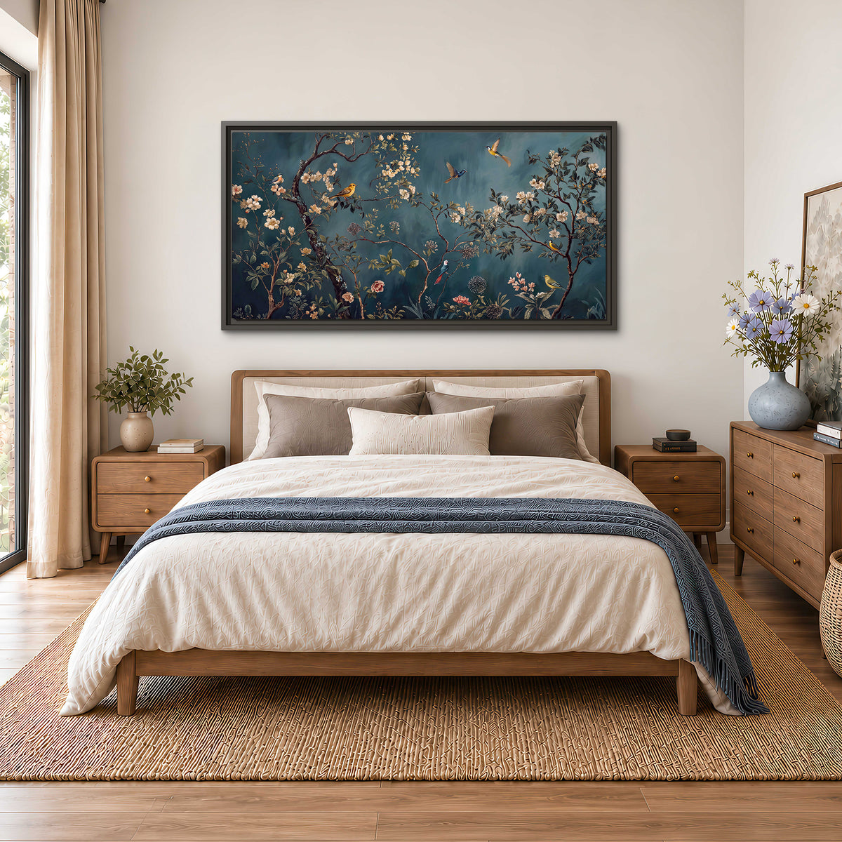 Colorful birds and pale blossoms on branches against teal blue single framed canvas wall art styled in an interior