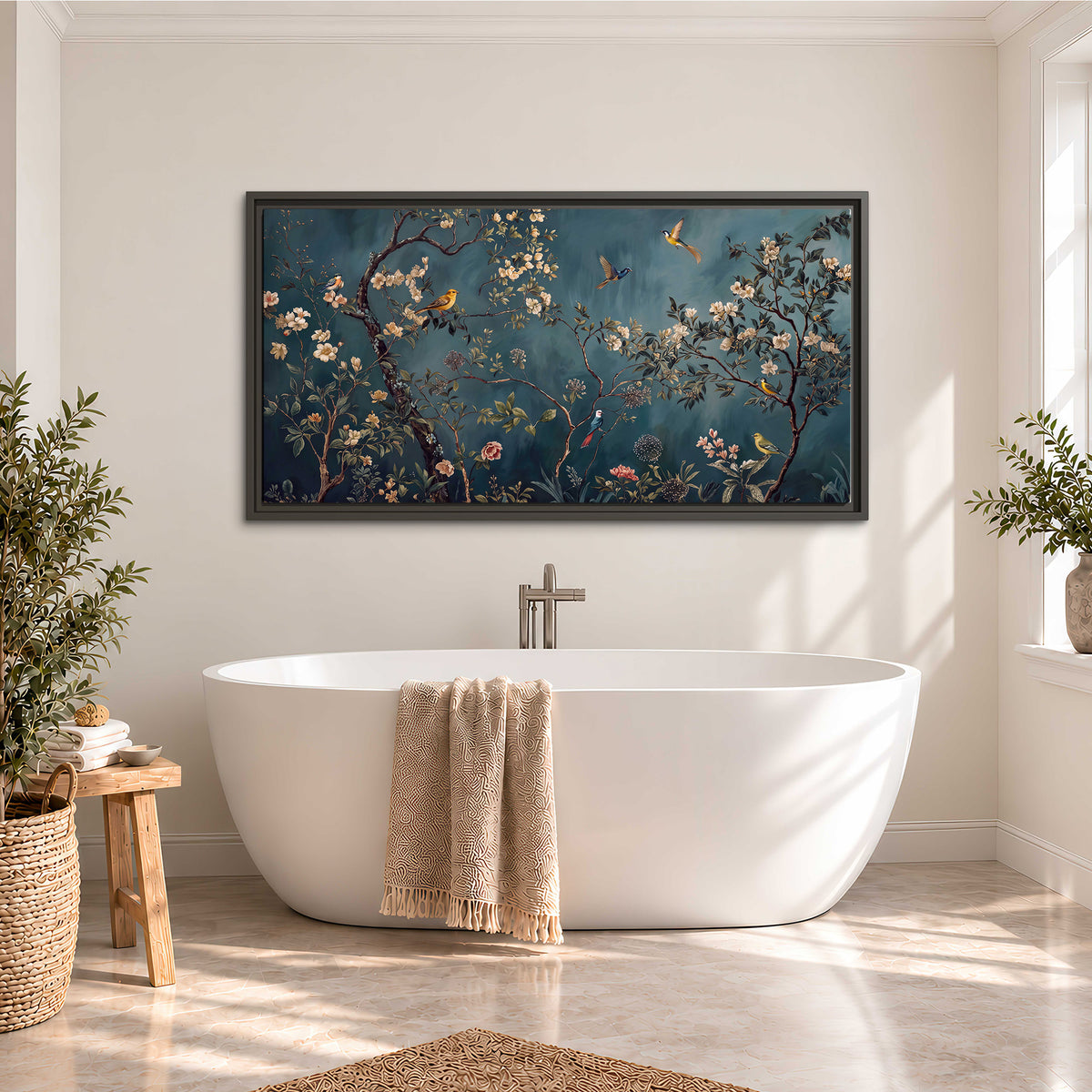 Colorful birds and pale blossoms on branches against teal blue single framed canvas wall art styled in an interior