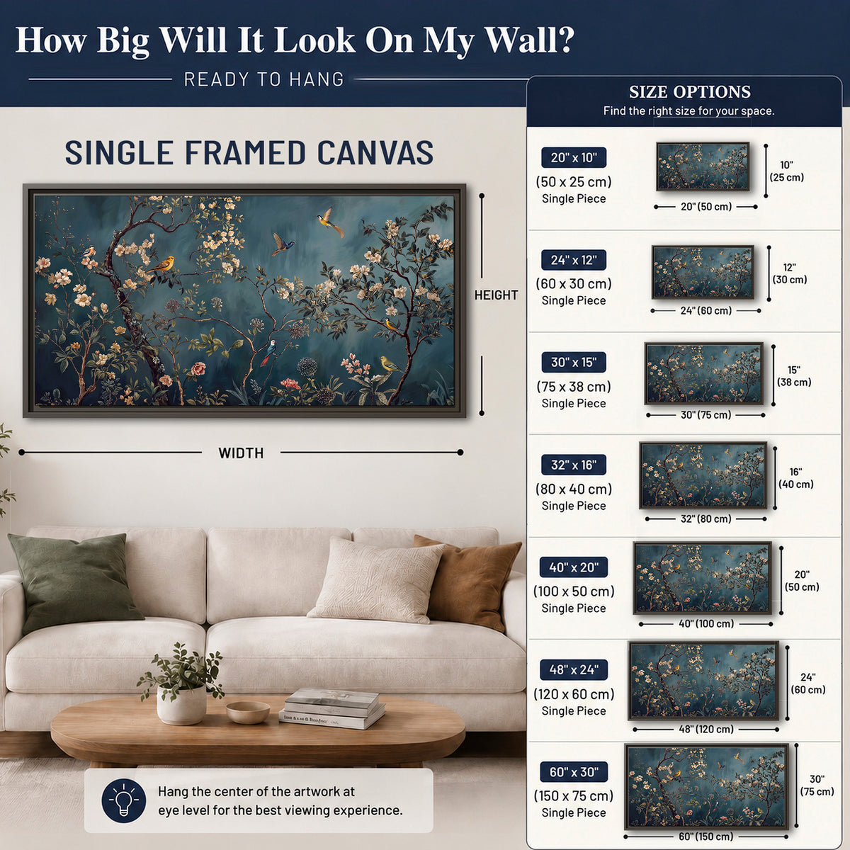 Colorful birds and pale blossoms on branches against teal blue single framed canvas wall art size guide above a sofa; room view is illustrative