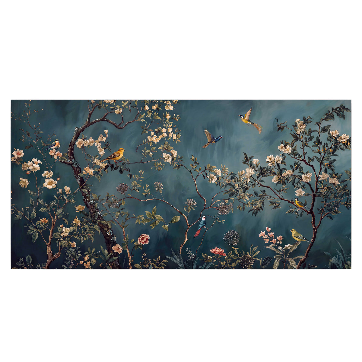 Colorful birds and pale blossoms on branches against teal blue single poster print viewed straight on