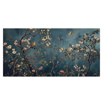 Colorful birds and pale blossoms on branches against teal blue single poster print viewed straight on