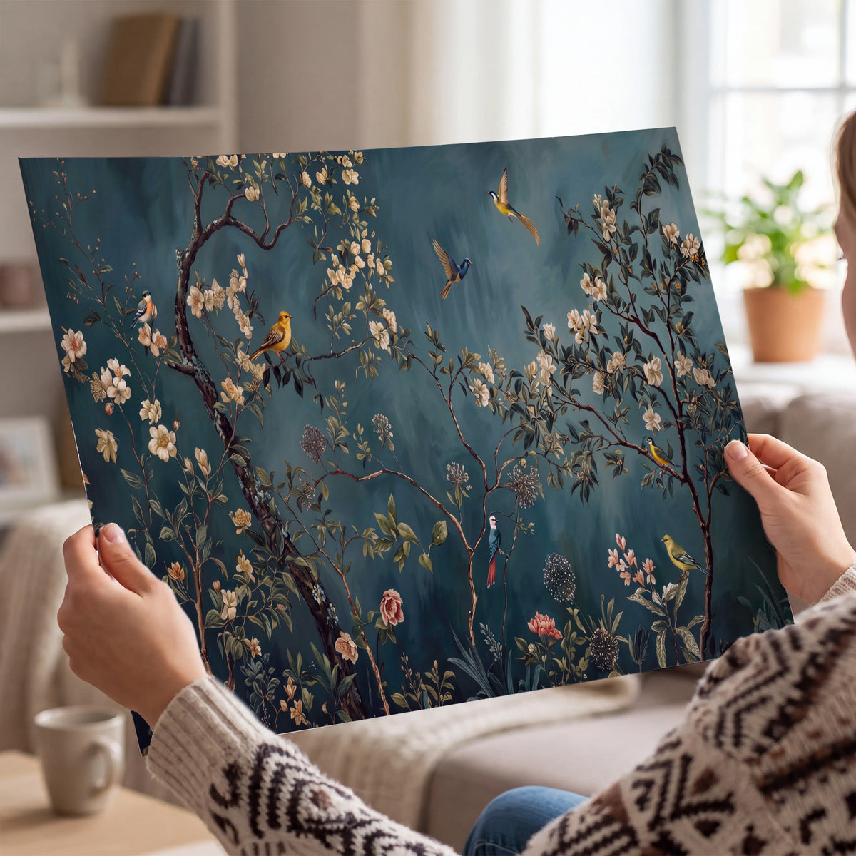 Colorful birds and pale blossoms on branches against teal blue single poster print held in hands