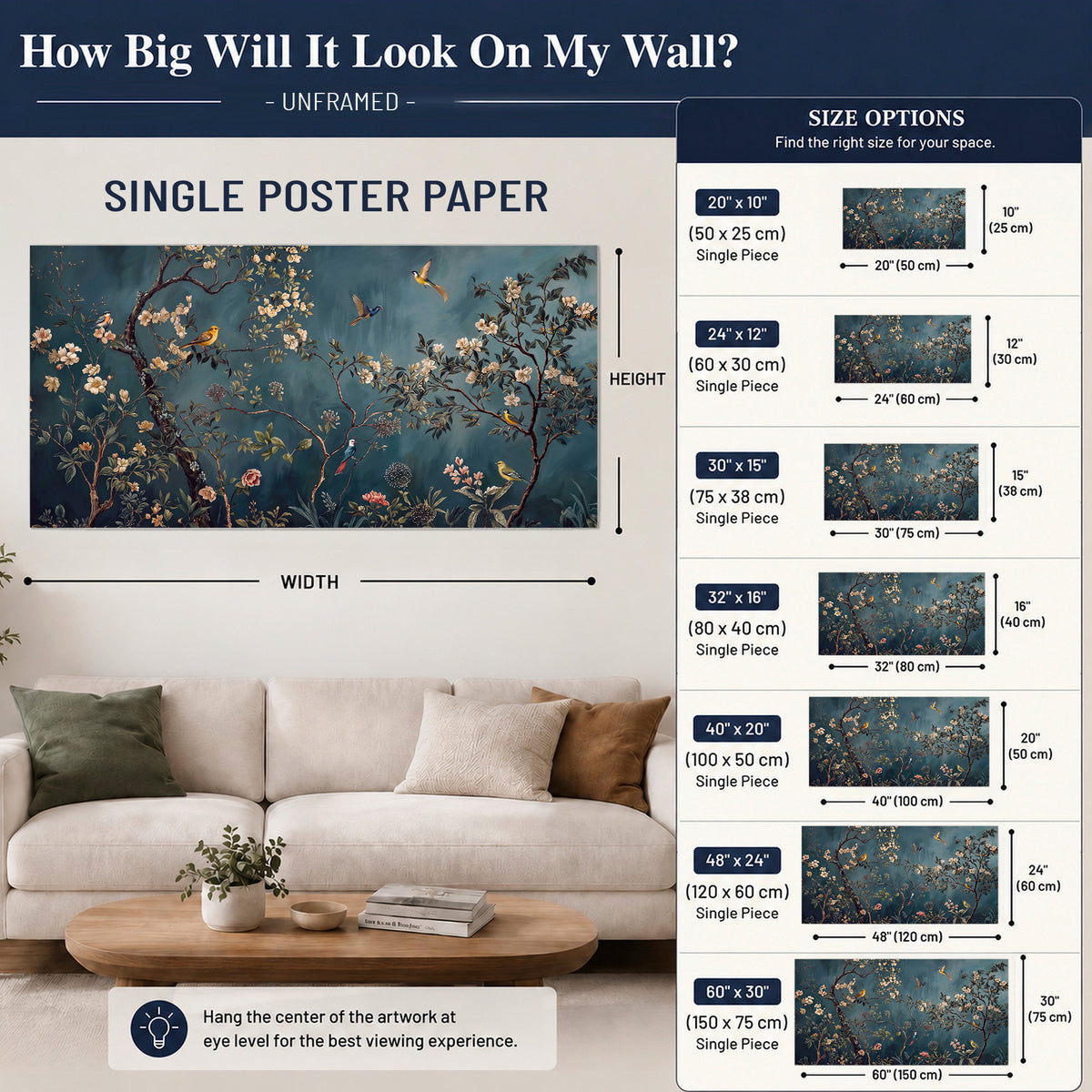 Colorful birds and pale blossoms on branches against teal blue single poster print size guide above a sofa; room view is illustrative