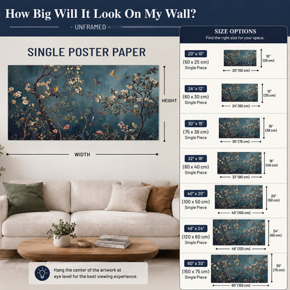 Colorful birds and pale blossoms on branches against teal blue single poster print size guide above a sofa; room view is illustrative