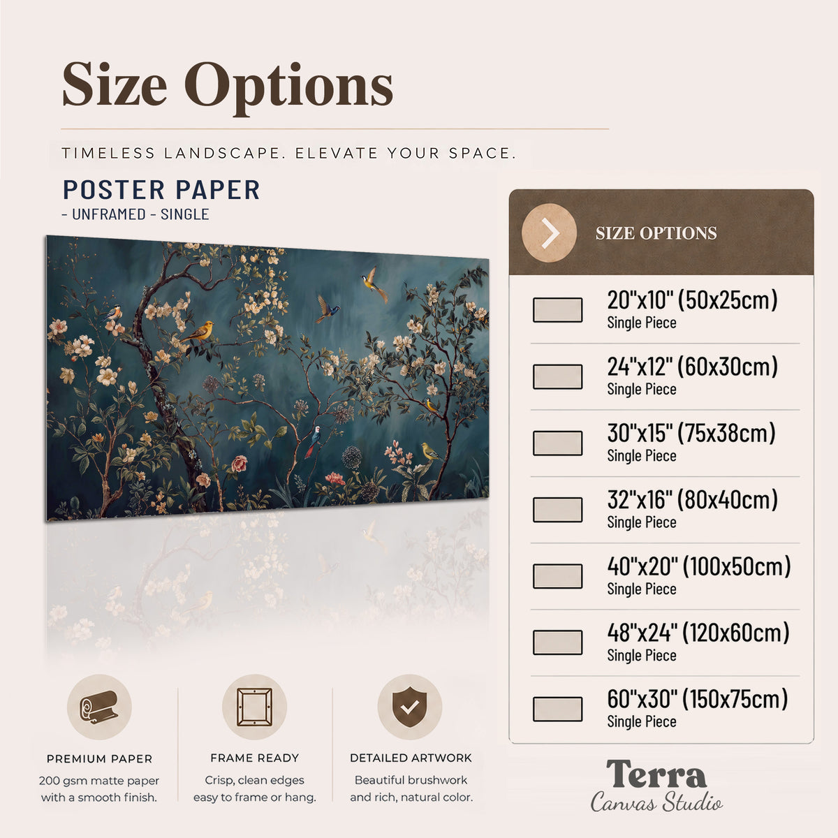 Colorful birds and pale blossoms on branches against teal blue single poster print available dimensions