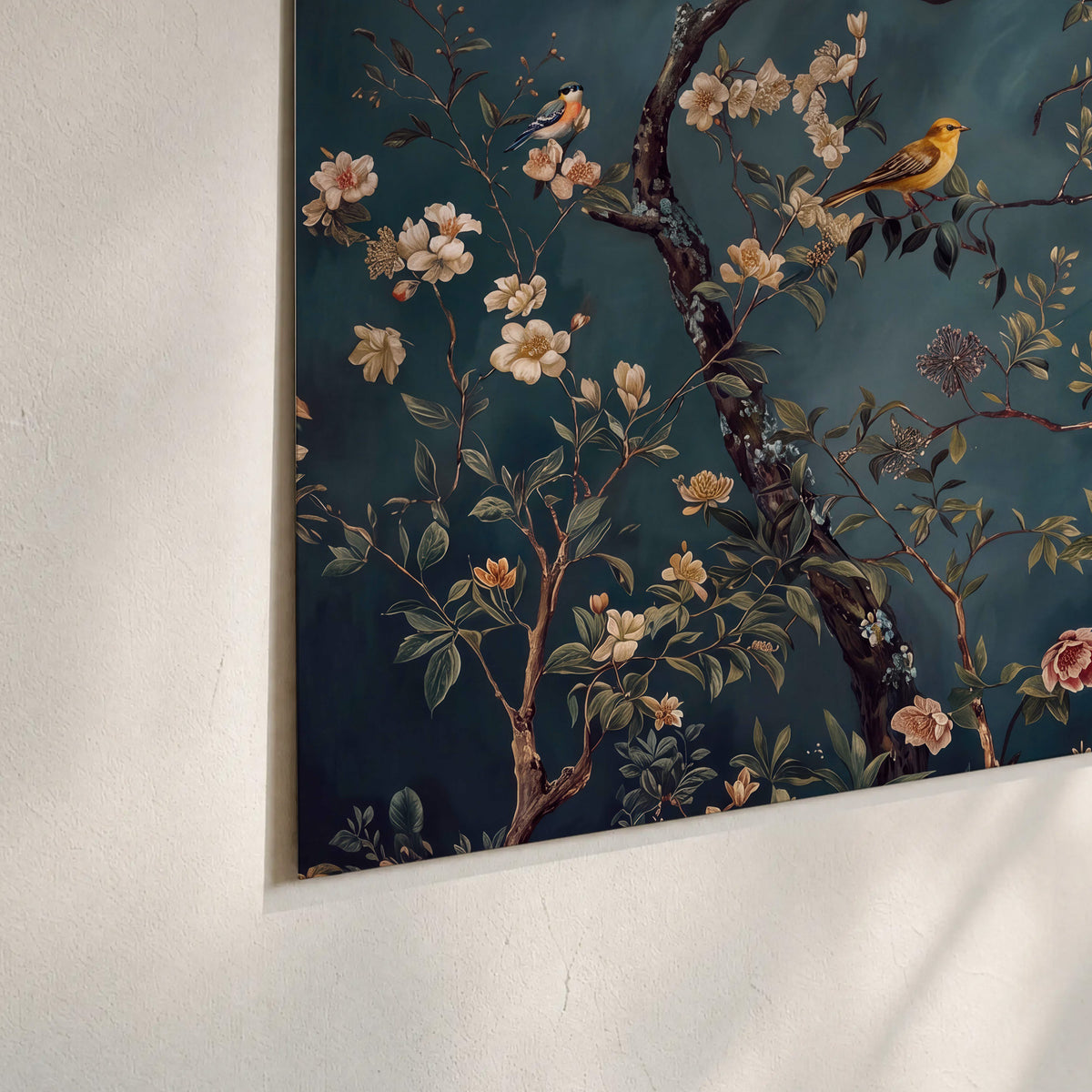 Colorful birds and pale blossoms on branches against teal blue set of 3 poster prints material and edge close up