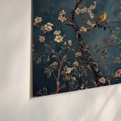 Colorful birds and pale blossoms on branches against teal blue set of 3 poster prints material and edge close up