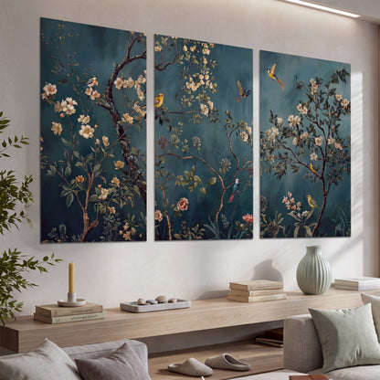 Colorful birds and pale blossoms on branches against teal blue set of 3 poster prints displayed in a console