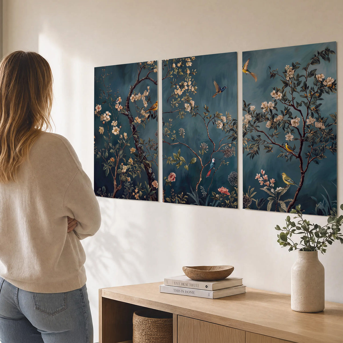 Colorful birds and pale blossoms on branches against teal blue set of 3 poster prints three panel arrangement on a wall