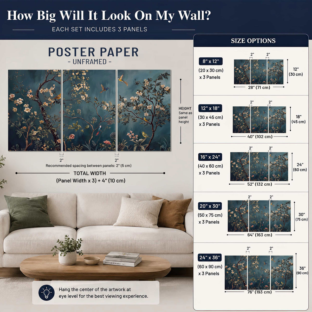 Colorful birds and pale blossoms on branches against teal blue set of 3 poster prints size guide above a sofa; room view is illustrative