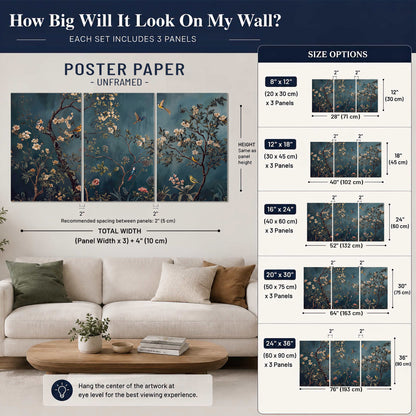Colorful birds and pale blossoms on branches against teal blue set of 3 poster prints size guide above a sofa; room view is illustrative