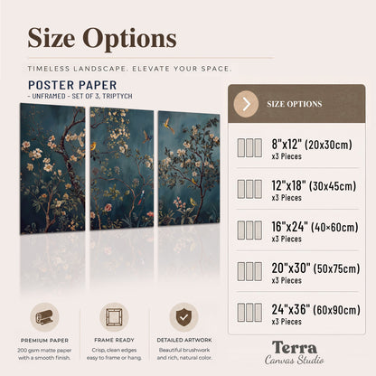 Colorful birds and pale blossoms on branches against teal blue set of 3 poster prints available dimensions; triptych dimensions are per panel