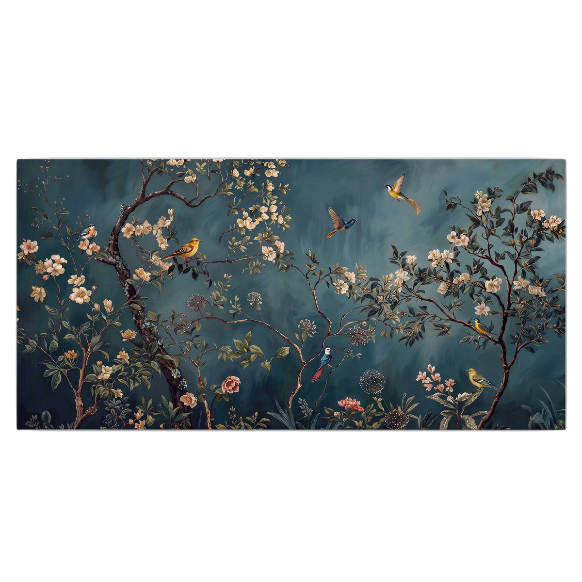 Colorful birds and pale blossoms on branches against teal blue single canvas wall art viewed straight on