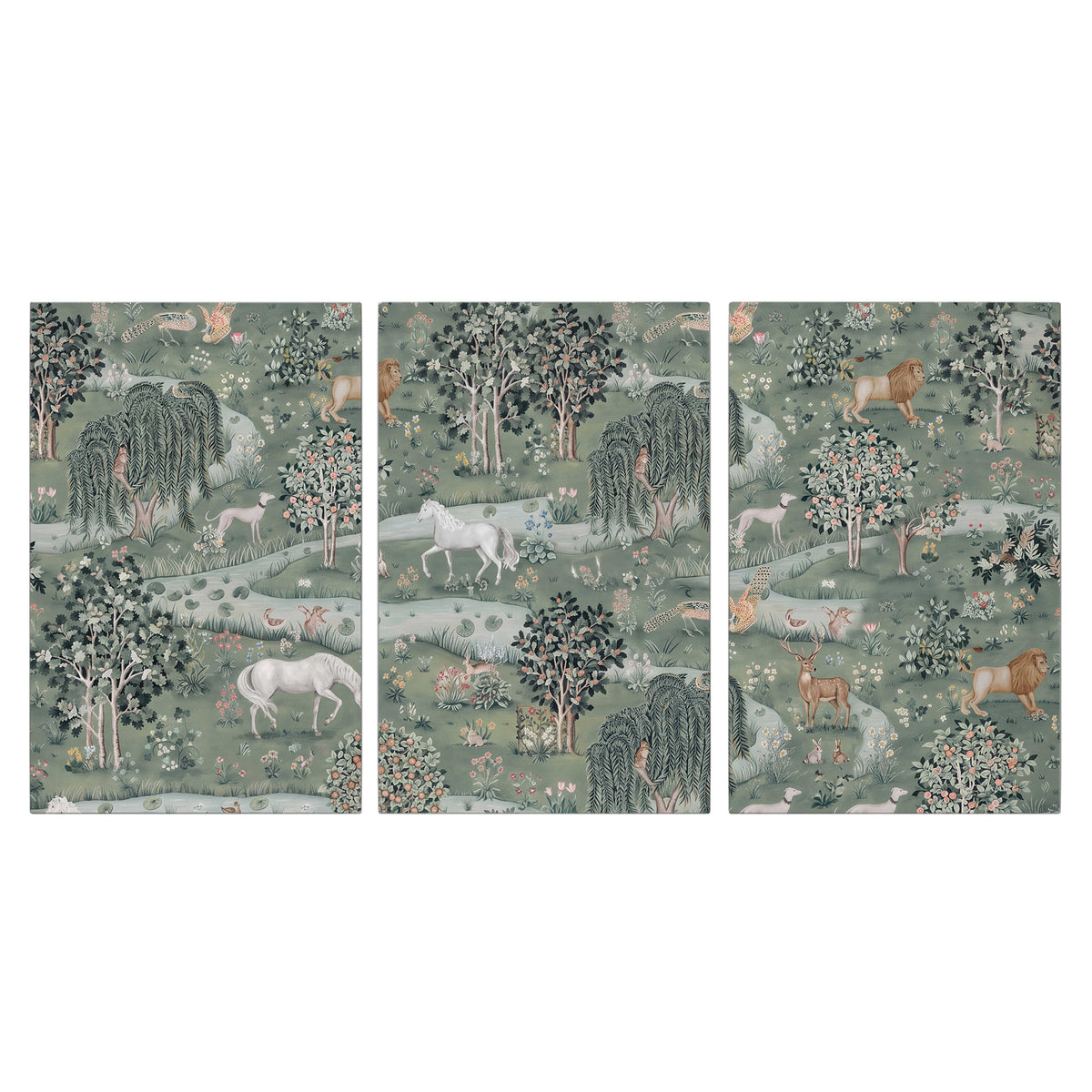 Decorative white horses and woodland animals among sage trees 3 piece canvas wall art viewed straight on