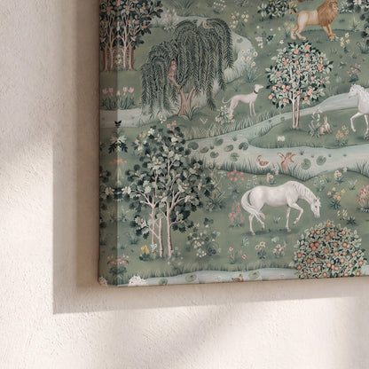 Decorative white horses and woodland animals among sage trees 3 piece canvas wall art material and edge close up