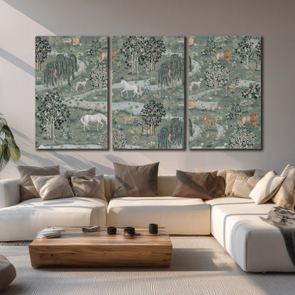 Decorative white horses and woodland animals among sage trees 3 piece canvas wall art displayed in a living room