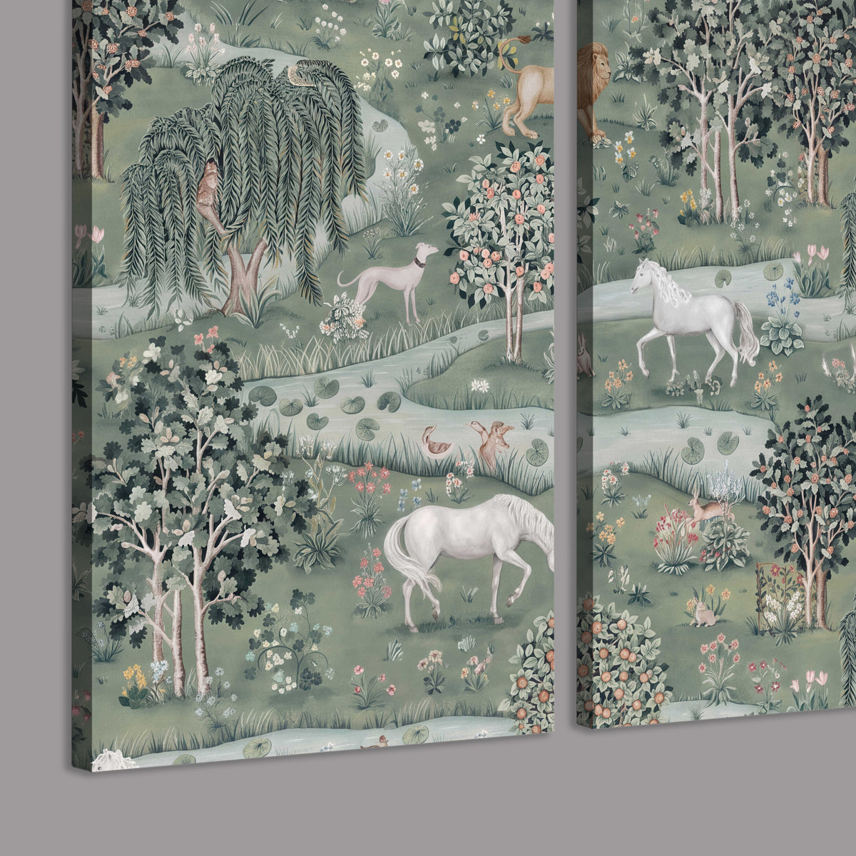 Decorative white horses and woodland animals among sage trees 3 piece canvas wall art room and product view