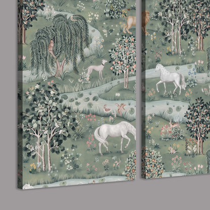 Decorative white horses and woodland animals among sage trees 3 piece canvas wall art room and product view