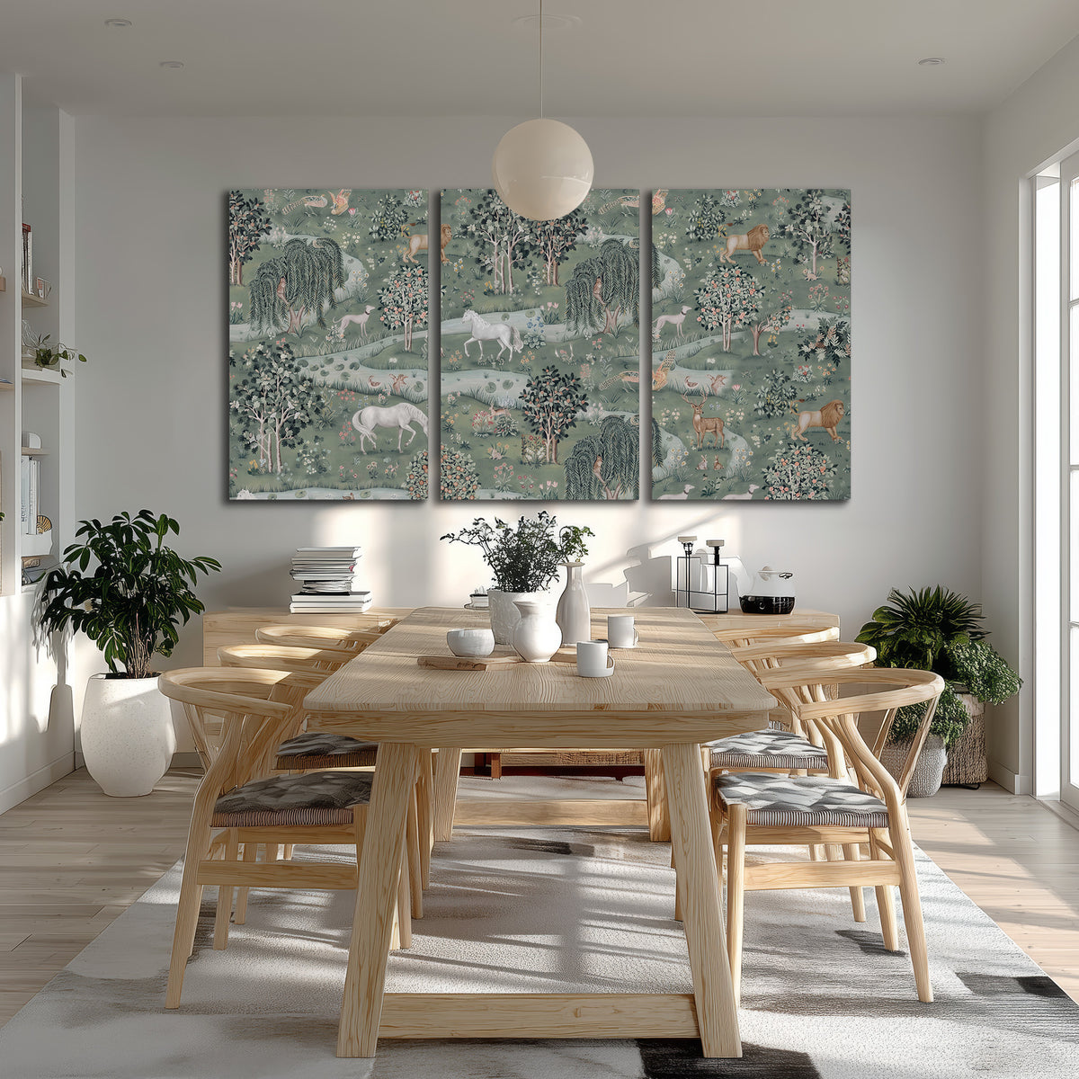 Decorative white horses and woodland animals among sage trees 3 piece canvas wall art room and product view