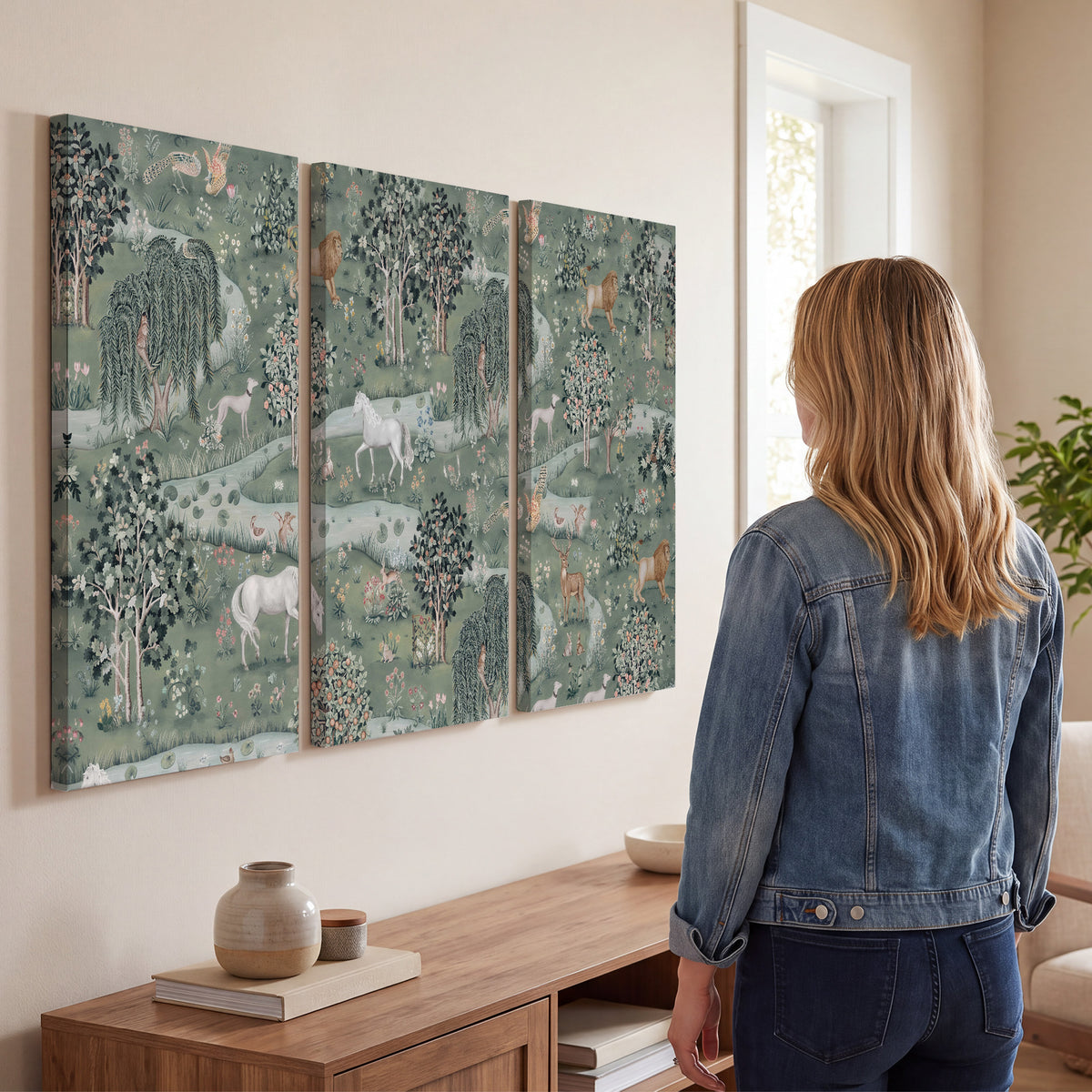 Decorative white horses and woodland animals among sage trees 3 piece canvas wall art three panel arrangement on a wall