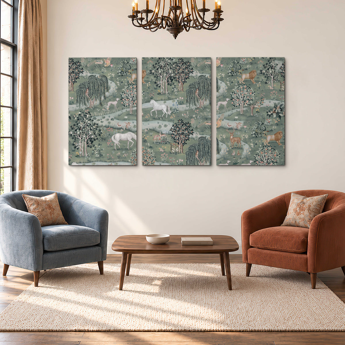Decorative white horses and woodland animals among sage trees 3 piece canvas wall art styled in an interior