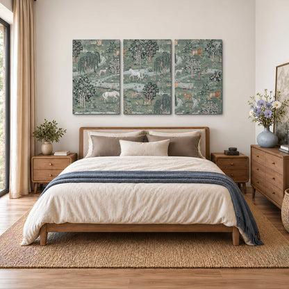Decorative white horses and woodland animals among sage trees 3 piece canvas wall art styled in an interior