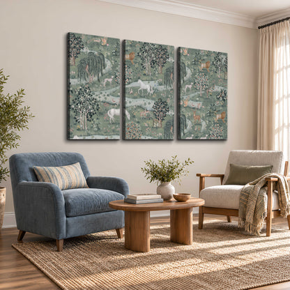 Decorative white horses and woodland animals among sage trees 3 piece canvas wall art styled in an interior