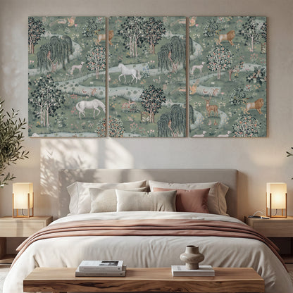 Decorative white horses and woodland animals among sage trees 3 piece canvas wall art displayed in a bedroom