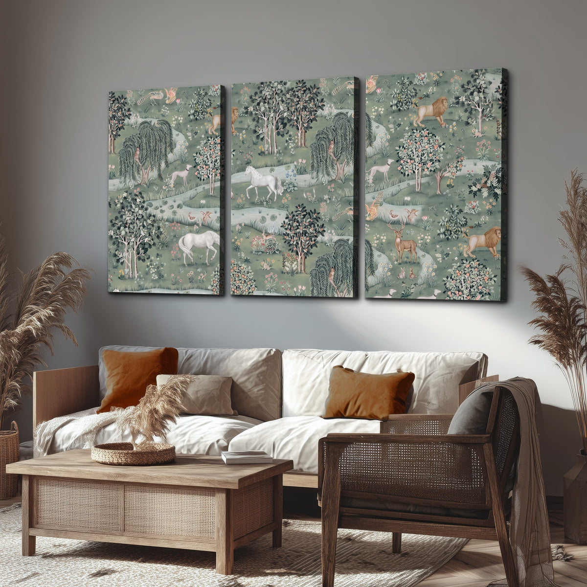 Decorative white horses and woodland animals among sage trees 3 piece canvas wall art displayed in a rustic living room