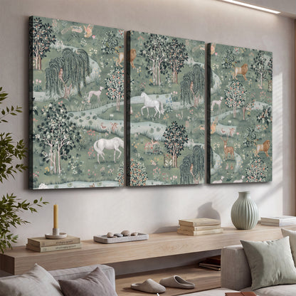 Decorative white horses and woodland animals among sage trees 3 piece canvas wall art displayed in a console