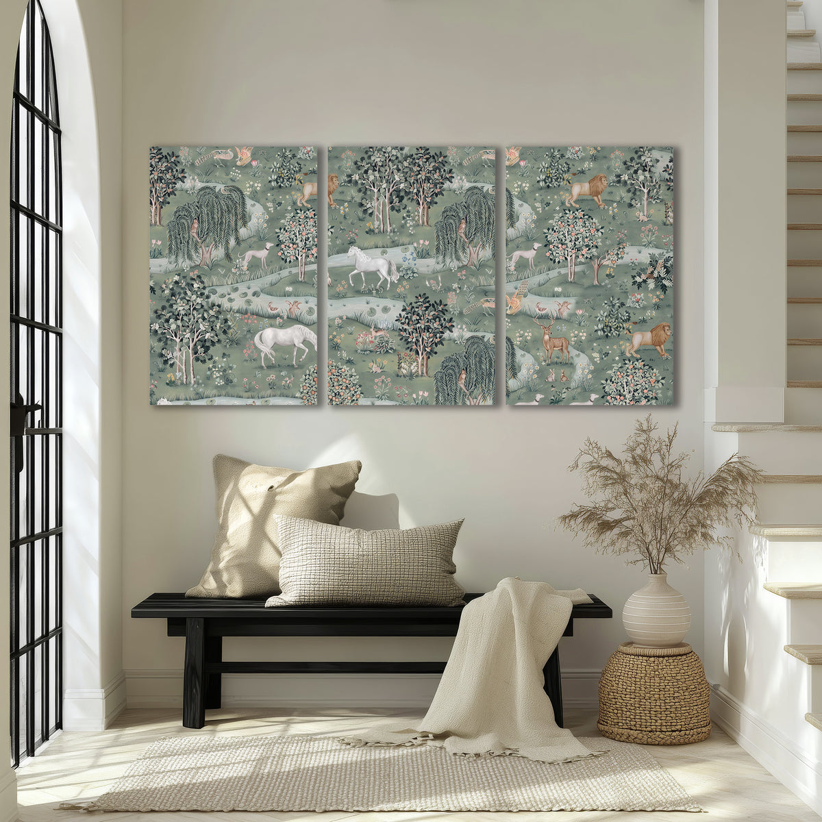 Decorative white horses and woodland animals among sage trees 3 piece canvas wall art displayed in a entryway