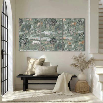 Decorative white horses and woodland animals among sage trees 3 piece canvas wall art displayed in a entryway